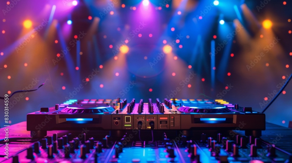 Aufkleber A vibrant scene of a DJs deck set up in front of a stage with colorful lights, creating an electrifying atmosphere for a music event. Generative AI