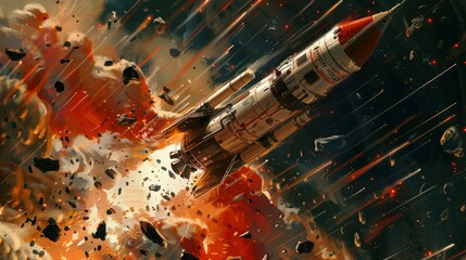 A striking abstract artwork depicting a rocket in motion with explosive red, black, and white elements, capturing the energy and power of space travel.