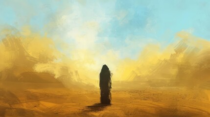 slender young woman standing in sandy desert gazing into the distance captured from behind digital painting