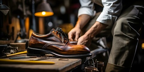 Craftsman cobbler handcrafts bespoke leather shoes in a classic workshop setting. Concept Handcrafted, Leather Shoes, Bespoke, Cobbler, Workshop