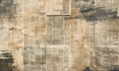 Vintage news background. Textured newsprint collage. Grey newspaper wallpaper. Old dirty paper. Retro grunge pattern. Abstract scratch backdrop