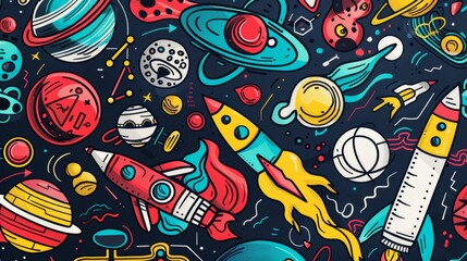 A vibrant illustration featuring colorful doodles of rockets, planets, and space elements on a dark background, capturing the excitement and wonder of outer space.