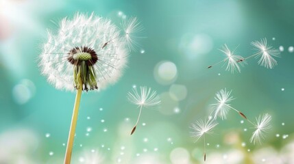 Dandelion seeds in the sunlight blowing away across a fresh morning background