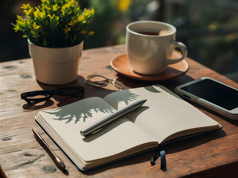 Block de notas y bol&iacute;grafo en la mesa junto a una taza de caf&eacute;