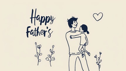 A charming hand-drawn illustration of a father with his two children, surrounded by flowers and the text "Happy Father's Day"