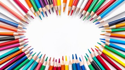 Bright and colorful arrangement of pencils forming a frame on a white background