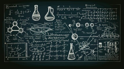 An elaborate blackboard filled with detailed scientific and mathematical diagrams, equations, and illustrations, showcasing a blend of physics, astronomy, and complex theories.