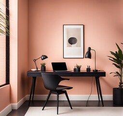 Workplace in Peach Fuzz 2024 Color Trend, Painted Walls, Rich Furniture, and Pastel Background in a Large Home Office or Coworking Center - 3D Render