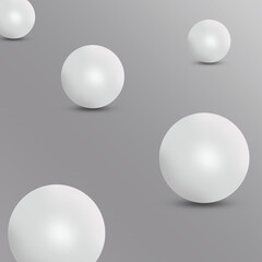 Five white spheres, balls or orbs in studio. 3D vector objects with dropped shadow on gray background. Presentation mock up for your product. Interior 3d render.