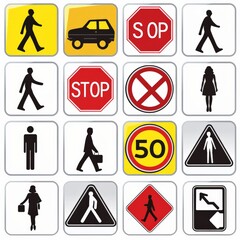 Collection of traffic signs: stop, yield, pedestrian, speed limit