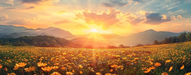 Sunset Over Blossoming Meadow Landscape