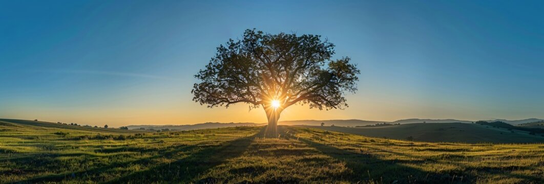 Sun shining through tree on green meadow at sunrise