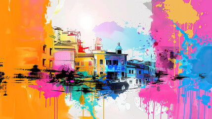 Abstract watercolor painting with street in the city