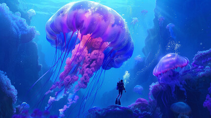 Fototapeta premium The diver swims carefully around the jellyfish, captivated by their delicate and translucent forms.