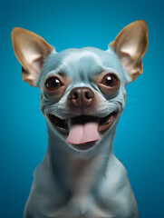 A delighted Chihuahua dog with oversized ears joyfully sticking out its tongue