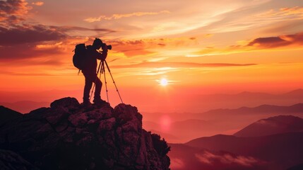 Photographer capturing a mountain sunset s silhouette - Powered by Adobe