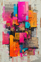 Fototapeta premium Multi-layered collage with cardboard, fragmented newspaper pieces, and magazine clippings. 