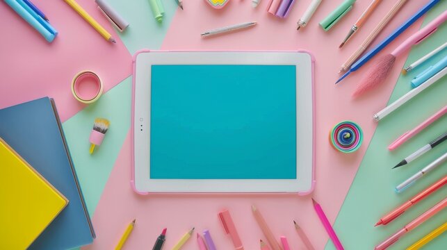 Colorful back-to-school supplies arranged around a digital tablet on pastel background