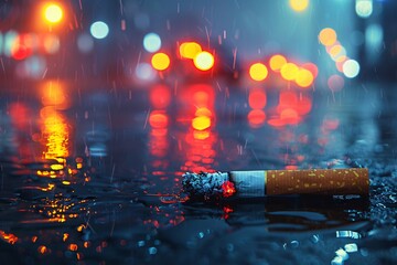 Discarded Cigarette on Rainy Night Street
