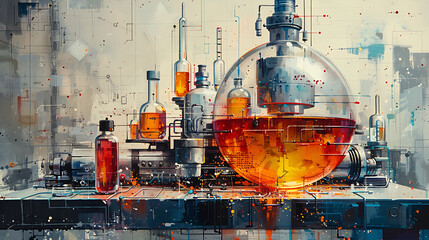Abstract art of chemical laboratory with equipment and apparatus showcasing the essence of experimental chemistry and scientific exploration