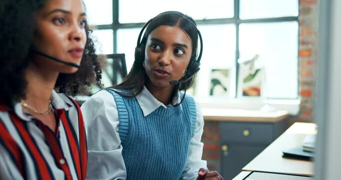 Woman, call center and coach with intern for customer service, support or telemarketing advice at workplace. Female person helping or explaining software to junior consultant or young agent at office