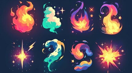 Discover a set of vibrant 2D classic cartoon special effects This collection includes 10 dynamic elements question mark exclamation mark flash span smoke blow multicolored glitter steam sta