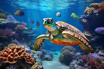 Oceanic Journey - Sea Turtle Among Fish