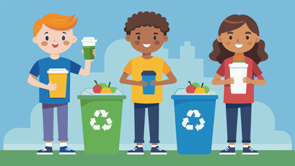 In the cafeteria students proudly place their plastic paper and aluminum containers in the designated recycling bins showcasing their commitment to reducing waste.. Vector illustration