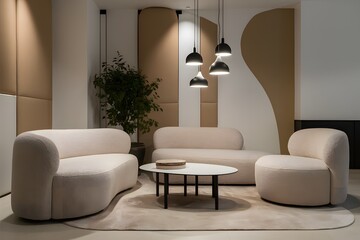 Modern living room with beige sofas, contemporary coffee table, potted plant, and pendant lights