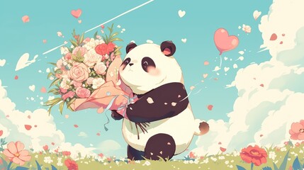 A delightful sight unfolds as a cute panda arrives carrying a bouquet of flowers