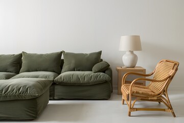 Minimalist living room with green sofa, rattan armchair, wooden side table, lamp, vase