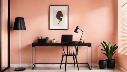 Workplace in Peach Fuzz 2024 Color Trend, Painted Walls, Rich Furniture, and Pastel Background in a Large Home Office or Coworking Center - 3D Render