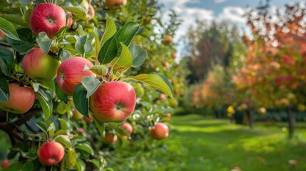 Apple trees with mature apples foliage against the garden and sky in the backdrop