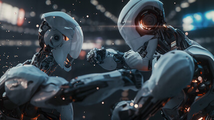 Two humanoids fighting, one a sleek silver figure and the other a glowing blue form, stand in a futuristic space setting surrounded by holographic displays and neon lights