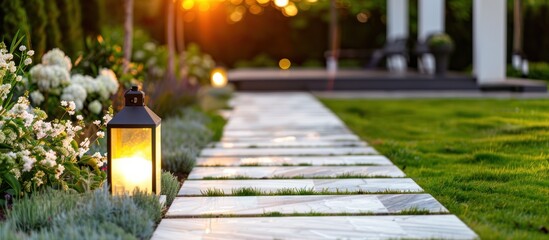marble path of square tiles illuminated by a lantern glowing with a warm light in a backyard garden with a flower bed - Powered by Adobe