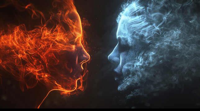 Two faces intertwined in a fiery dance, exhaling smoke and flames in a powerful display of conflict and unity