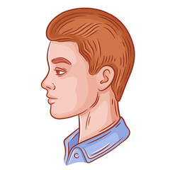 Young man face profile, handsome business guy portrait, male head side view icon. Elegant redhead businessman model with fashion hairstyle. Attractive gentleman person facial avatar. Hair care vector 