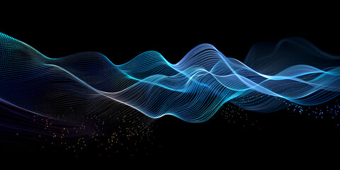 Vector abstract light lines wavy flowing dynamic in blue green colors isolated on black background for concept of AI technology, digital, communication, 5G, science, music