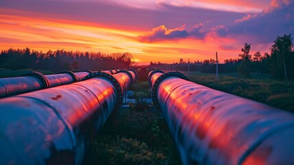 A series of pipes are shown in a sunset