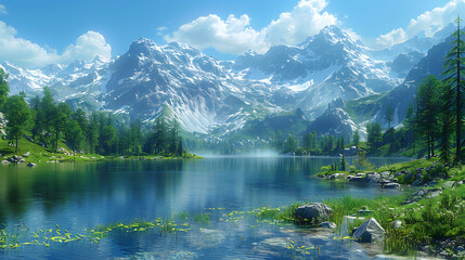 serene mountain landscape snowcapped peaks piercing azure sky tranquil alpine lake should nestle valley below reflecting majestic scenery Pine trees should blanket slopes adding pictureperfect vista