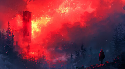 A person stands in front of a large red tower in a forest. The sky is red and the trees are green. Scene is mysterious and ominous - Powered by Adobe
