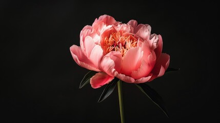 Pink peony flower isolated against a black backdrop in a close up shot