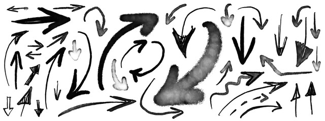 Set of different pencil marker ink black scribble doodle hand drawn speech bubbles arrows signs figures shapes isolated on white background