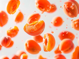Fresh apricot collection on white background. Set of whole, half apricot and apricot slices with leaf.