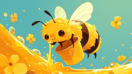 Adorable cartoon bee carrying a bucket of golden honey