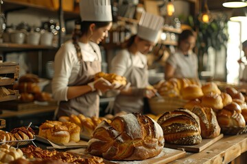 A busy cooperative bakery with bakers in aprons preparing bread and pastries, working together in a warm, inviting kitchen