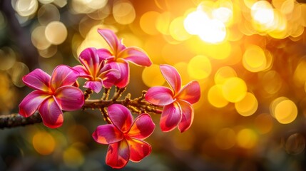 Vibrant plumeria flowers illuminated by golden sunlight