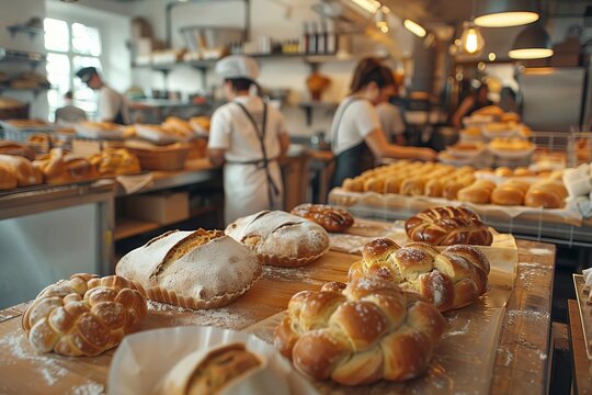 A busy cooperative bakery with bakers in aprons preparing bread and pastries, working together in a warm, inviting kitchen
