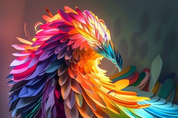 Colorful Origami Phoenix: Illuminated Paper Art Installation with Vibrant Wings