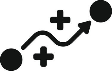 Simplified black and white icon depicting an upward trending line chart with plus signs, symbolizing positive growth